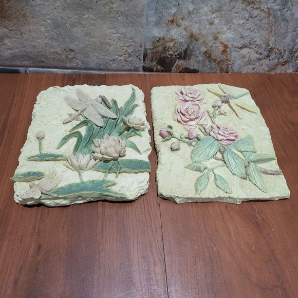 Botanical Clay Flower Dragonfly Art Wall Sculpture Plaster Cream Tile - Picture 14 of 14